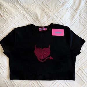 Edikted Black Crop Top with Pink Devil Design